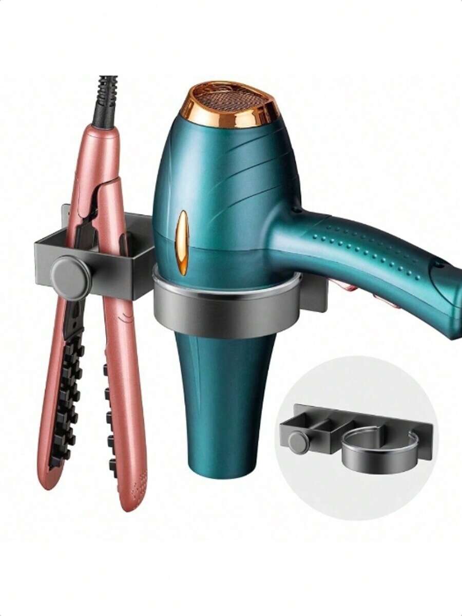 No Drill Blow Dryer Holder Stand, Wall-Mounted Bathroom Hair Dryer, Straightener, Curling Iron Storage Rack With Hooks For Towels And Accessories