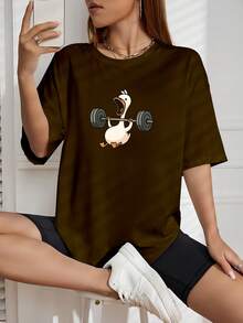 Women's Basic Duck T-Shirt Workout Cotton Shirt Fashion Blogger - Rust Brown - View 1