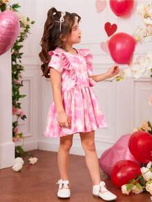 Vestido fresco con manga corta, cuello redondo, olanes en el talle estampado con tonos rosas degradado - Rosa - Ver 3