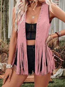 Women Rivet Tassel Vest Open Front Sleeveless Faux Suede Vest Jacket Hippie Costumes - Pink - View 1