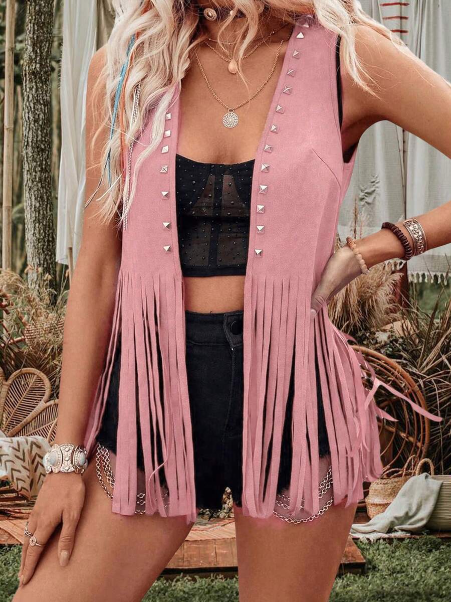 Women Rivet Tassel Vest Open Front Sleeveless Faux Suede Vest Jacket Hippie Costumes - Pink - View 1