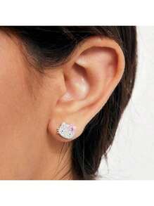 Sanrio 1 Pc Hello Kitty Women Clear Crystal Stud Earrings - Silver Plated Hello Kitty Earrings