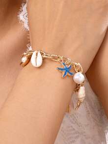 1 件度假海洋风格滴油珍珠贝壳海星手链，时尚个性化手链，适合女孩和青少年，优雅的欧美设计 - 彩色 - 查看 8