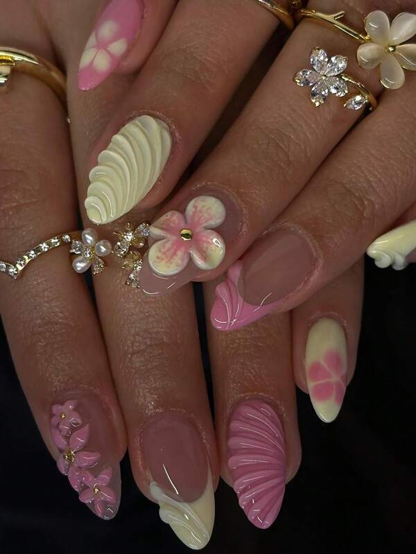 24PCS Medium Almond-Shaped Nail Sticker Set With Yellow, Pink, Floral 3D Embellishments, French Manicure Style, Includes 1 Bottle Jelly Gel & 1 Nail File, Suitable For Women's Daily, Date, Party Occasions
