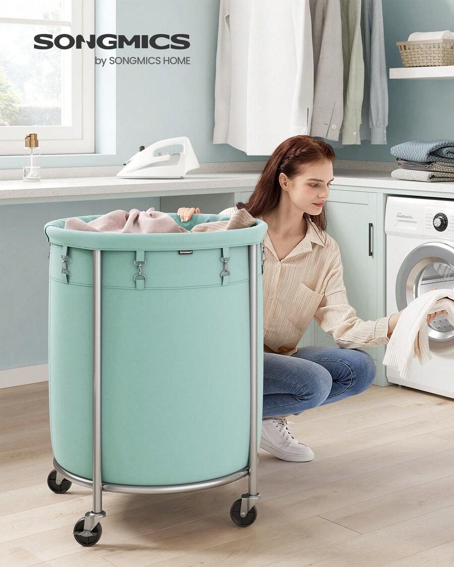 SONGMICS Laundry Basket With Wheels, Rolling Laundry Hamper, Round Laundry Cart With Steel Frame And Removable Bag, 4 Casters And 2 Brakes - 薄荷綠和金屬銀 - 查看 1