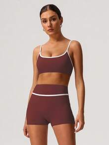 Sodalemon Women Workout Set Color Block Sport Bra No Front Seam Cycling Outdoor Fitness Shorts Gym Training Sport 2pcs Set - Red Violet - View 6