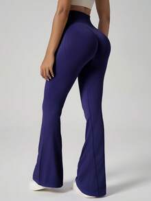 女士弹力喇叭裤弹力罗纹腰提臀舞蹈裤心形提臀瘦身长裤 - 藏蓝色 - 查看 8