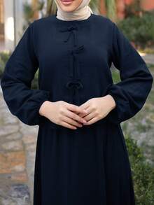 2pcs Muslim Women Loose Long Sleeve Top & Midi Skirt Set, Arab Style - Navy Blue - View 5