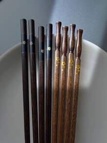 5pcs/Set Flower Patterned Wooden Chopsticks, Japanese Style Tableware For Home Dining,School Supplies