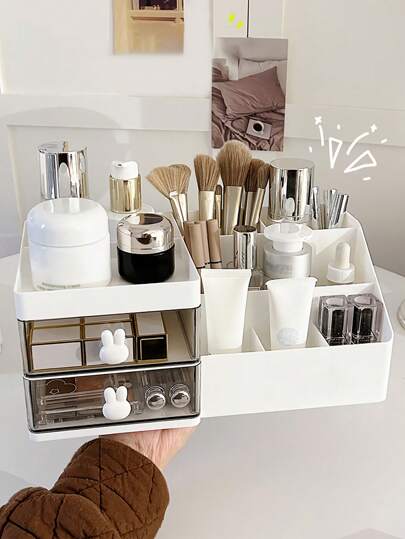 1pc White Cosmetic Storage Box, Divided With Drawers Desktop Storage Rack, Plastic Makeup Storage Box, Multifunctional Desktop Organizer Storage, Stationery Storage Bin, Pen Holder, Cosmetics Display Rack, Makeup Brush Storage Bucket, Skincare Product Storage Box, Suitable For Bathroom, Study, Dressing Table Gift For Mom,For Holiday Beach, Bathroom Collection, Bedroom Collection, Large Capacity