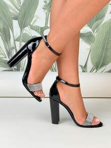 Grov klack Öppen tå Rem Glittrande Mode Fest Bröllop Semester Mångsidiga Högklackade Sandaler - Svart - Visa 3