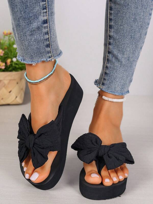 Women's Bowknot Slip-On High Heel Sandals, New Fashion Outdoor Non-Slip Thick Sole Flip Flops, Beach Vacation Wedge Slides