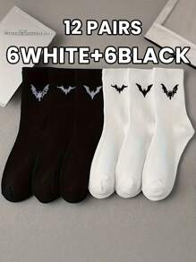 6 Pairs Of Bat Print Socks Gothic Style Comfortable Mid-Tube Socks Suitable For Everyday Wear Black Socks White Socks