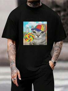 Camiseta divertida de gato piruleta - Regalo para amantes de gatos - Camiseta gráfica grande para mujeres, niñas y hombres - Top informal de verano - Camiseta con estampado de gato a la moda - Negro - Ver 1