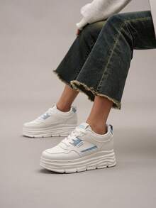 1 Pair Women's Casual Thick Sole Platform Sneakers, Fashionable Appearance, Lace-Up Closure, 5cm Height Increase, Suitable For Petite Women - White and Blue - View 6
