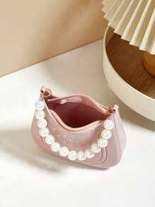 Mini Underarm Bag For Toddler Girls, Pearl Decor Zipper Closure Handbag, Lovely Gift Bag For Girls