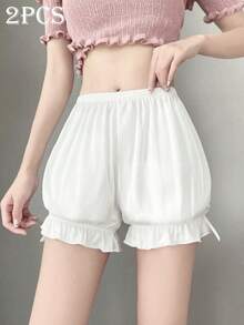 2pcs/Set Celana Pendek Wanita Polos dengan Pita Manis dan Motif Lentera, Celana Pendek Tipis untuk Musim Panas untuk Mencegah Rok Terangkat - Putih - View 2