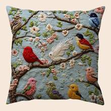 Capa de almofada inspirada em pássaros da primavera, 1 peça, 45,72 x 45,72 cm, tecido de poliéster macio de pelo curto com estampa vibrante de flores e pássaros coloridos, lavável à máquina, fecho de zíper - ideal para decoração moderna, capa de almofada decorativa | Design vibrante de pássaros | Tecido de textura suave, almofadas decorativas