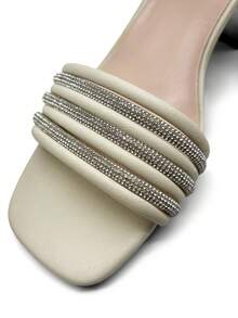 Sandales à talons hauts avec boucle réglable et décoration de strass pour femmes - Beige - Voir 3