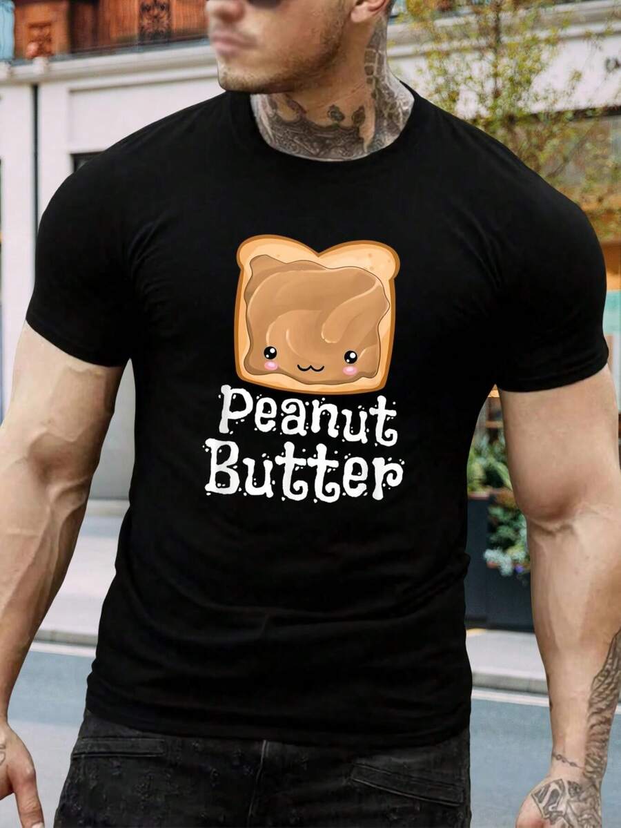 Camiseta Kawaii de Tostada con Mantequilla de Cacahuete - Camiseta gráfica de comida linda para hombres y mujeres - Mezcla de algodón cómoda - Regalo perfecto para amantes de la comida y de la mantequilla de cacahuete - Negro - Ver 1