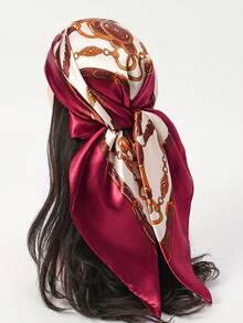 1件装女士波西米亚风链条印花缎面头巾，休闲优雅日常头巾披肩，防晒连衣裙 - 酒紅色 - 查看 3