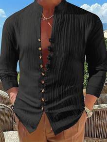 Camisa Casual Masculina Estilo Cardigan com Botões na Frente, Corte Slim, Mistura de Poliéster, Gola Alta, Lavável à Máquina, Ideal para Primavera e Outono, Cardigan Leve - Preto - Visão 1