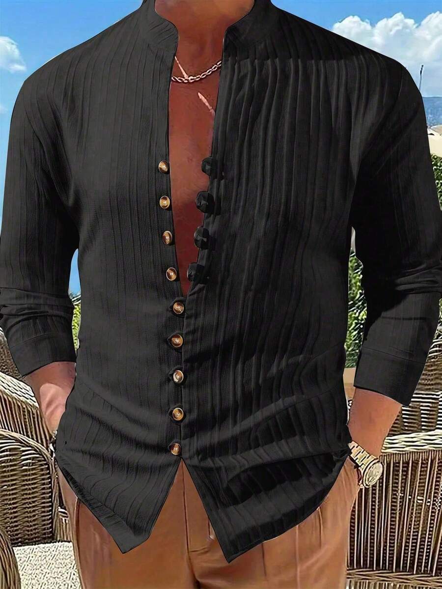 Camisa Casual Masculina Estilo Cardigan com Botões na Frente, Corte Slim, Mistura de Poliéster, Gola Alta, Lavável à Máquina, Ideal para Primavera e Outono, Cardigan Leve - Preto - Visão 1