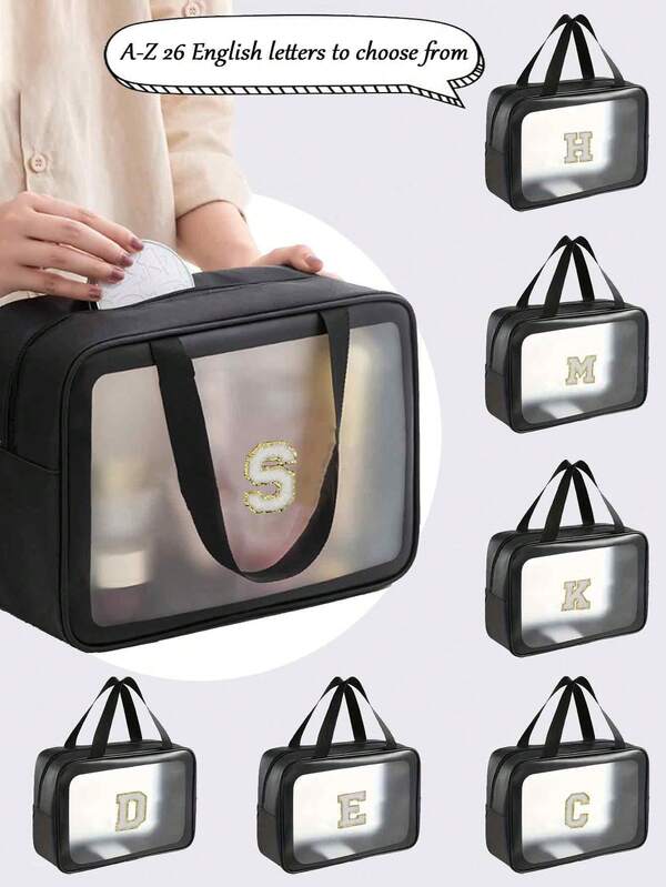 1 pièce Trousse de maquillage de voyage personnalisable, sac de toilette transparent d'été, sac organisateur de maquillage étanche grande capacité, sac de maquillage monogramme DIY, sac de toilette avec autocollant initiale minimaliste