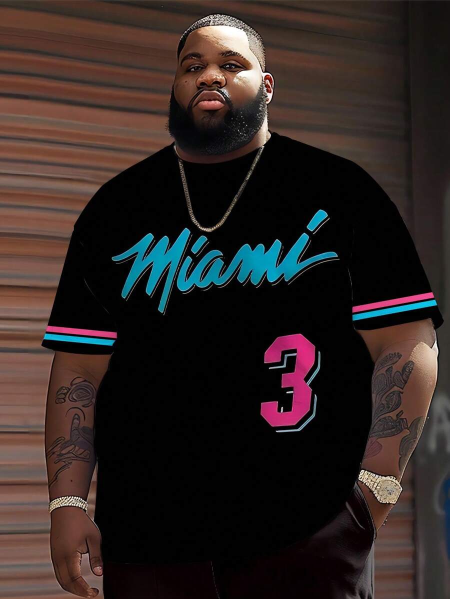 Camiseta con estampado gráfico "Miami #3" para hombre talla grande, de tela de punto de poliéster, cuello redondo, corte casual, diseño creativo