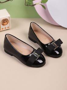 "Shoes For Girls"Little Girl's Dress Shoes, Children's Shoes, Bow Design, Flat Comfortable Black Leather Shoes, Suitable For Daily, Campus Shoes, Wedding - Black - View 1