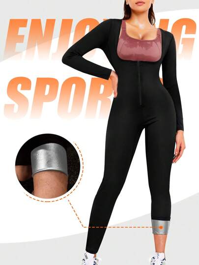 1pc 2025 New 4-In-1 Sauna Fitness Shaping Jumpsuit, Women's Exclusive Yoga Sauna Weight Loss Set: Solid Color Minimalist High Waist Butt-Lifting Long Sleeve Jumpsuit, Slim-Fit 3/4 Shaping Leggings, Paired With Abdominal Fat Burning Training Tank Top, Comprehensive S-Curve Sculpting. The Perfect Fusion Of Sportswear And Fashion, Allowing You To Exude Confidence And Allure In Every Sweaty Workout! Ultimate Shaping, Of Fat Burning! Gym Accessories