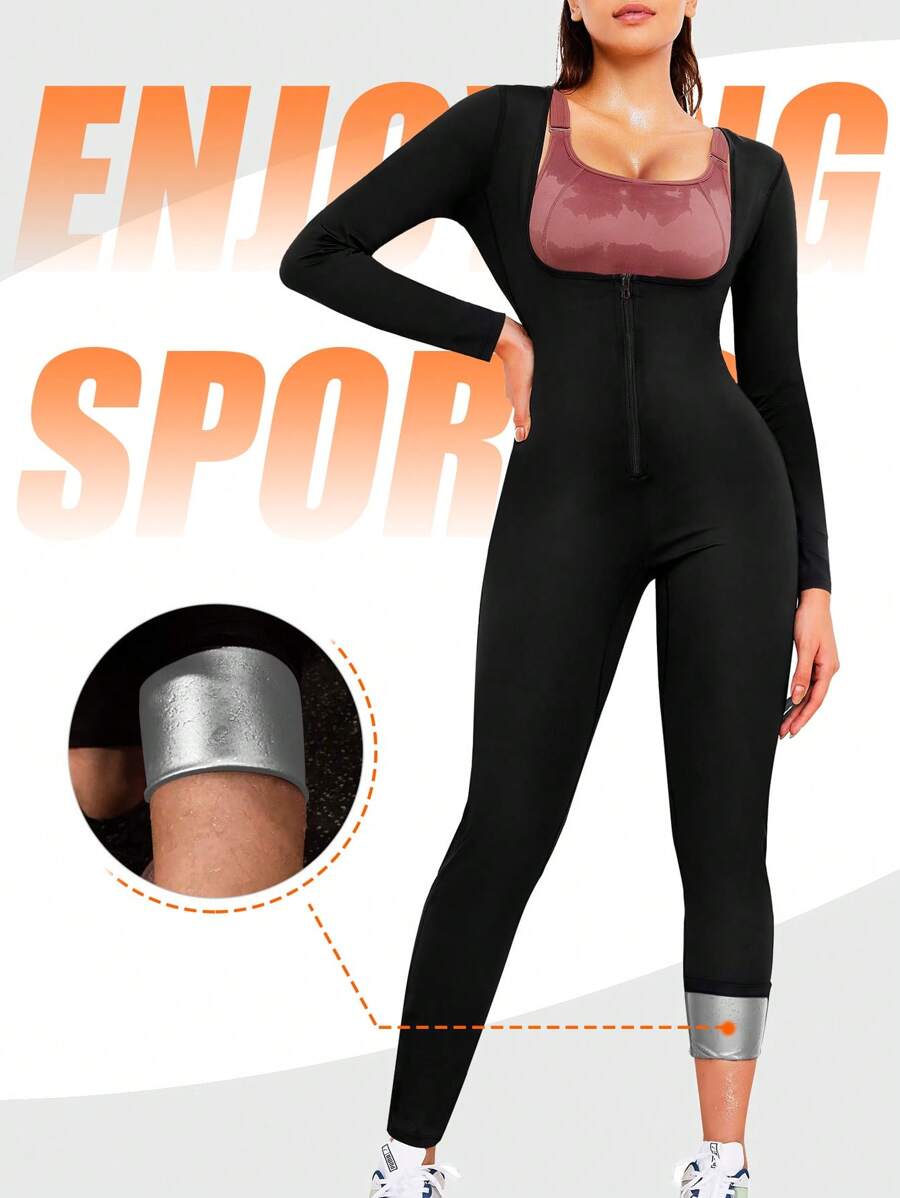 1pc 2025 New 4-In-1 Sauna Fitness Shaping Jumpsuit, Women's Exclusive Yoga Sauna Weight Loss Set: Solid Color Minimalist High Waist Butt-Lifting Long Sleeve Jumpsuit, Slim-Fit 3/4 Shaping Leggings, Paired With Abdominal Fat Burning Training Tank Top, Comprehensive S-Curve Sculpting. The Perfect Fusion Of Sportswear And Fashion, Allowing You To Exude Confidence And Allure In Every Sweaty Workout! Ultimate Shaping, Of Fat Burning! Gym Accessories