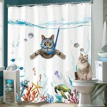 New Fowocu Funny Cat Extra Long Shower Curtain Set Teal Blue Sea Ocean Waterproof Fabric Shower Curtains  Animal Octopus Starfish Turtle Anchor Fish Nautical Bathroom Curtain Dr (Blue, 72''*78'') - 藍色 72 英吋寬 x 78 英吋長(1 包) - 查看 3