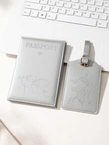 1 Set Outdoor Travel Cross-Border Journey Anti-Lost Map Printed Luggage Tag & Passport Holder, PU Material, Essential Travel Accessory Set - Silver - View 2