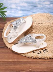 New Summer Fashion For Toddlers/Little Girls In 2025: Large Rhinestone Decorated, Flat-Bottomed, Anti-Slip Round-Toed Slippers, Suitable For Beach And Home Wear
