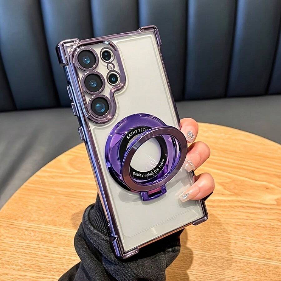 Magnetic Plated Holder + Phone Case For Galaxy S25/S24/S23/S22/S21/Ultra/Plus/FE +/ Phone 16/15/14/13/Pro Max 16 12 11Plus, Drop Resistant Shock Plated Frame Protective Case - 深紫色 - 查看 1