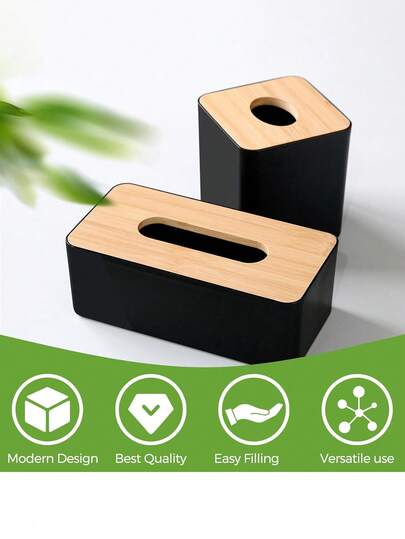 Rectangular Large Black Bamboo Tissue Box Cover, Fashion Tissue Holder Dispenser Suitable For Bathroom, Bedroom, Office Desk