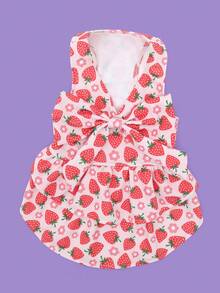 1pc Pet Dog V-Neck Strawberry Print Dress, Cute & Fashionable Dog Apparel - Multicolor - View 1