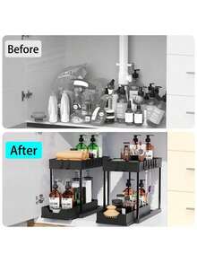 Under Sink Organizers And Storage, 2-Tier Sliding Cabinet Basket Organizer With Hooks, Multi-Purpose Under Sink Organizers And Storage For Bathroom Kitchen - Black - View 4