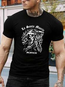 Camiseta gráfica de Santa Muerte para hombre, camiseta gótica de la Parca, ropa urbana - Inspirada en el Día de los Muertos - Estilo negro y atrevido, regalo para marido - Negro - Ver 1