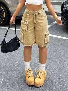 Shorts in denim lavato a vita alta, casual, a gamba larga, da donna