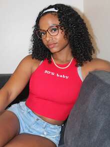 Steph T Women Summer Red Tank Top Slim Fit Casual Shirt Crop Tops Graphic Letter Print Round Neck Party Festival 90s Y2k Sexy - Red - View 2