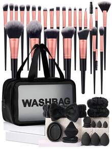 专业舒适化妆工具套装，包含 42 支化妆刷（高光刷、遮瑕刷）、迷你化妆海绵、女士旅行洗漱包、化妆粉扑、SPA 蝴蝶结发带、2 条腕带、化妆刷清洁碗、指套粉扑和多功能日常面部化妆工具。 - 黑色 - 查看 1