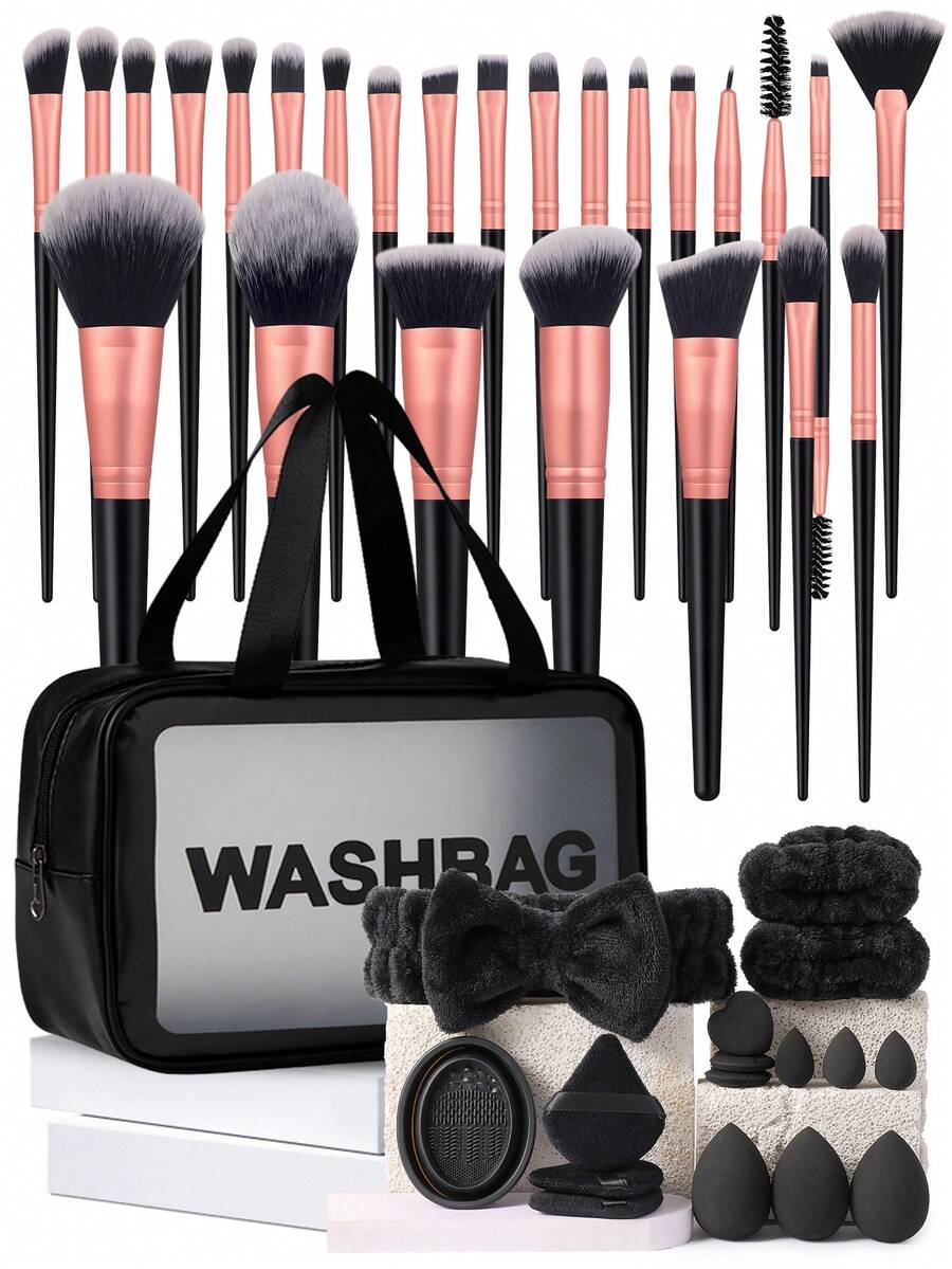 专业舒适化妆工具套装，包含 42 支化妆刷（高光刷、遮瑕刷）、迷你化妆海绵、女士旅行洗漱包、化妆粉扑、SPA 蝴蝶结发带、2 条腕带、化妆刷清洁碗、指套粉扑和多功能日常面部化妆工具。 - 黑色 - 查看 1