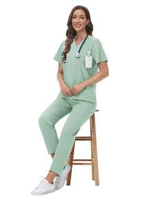 Set Seragam SPA Wanita, Atasan Lengan Pendek Lembut dan Bernapas dengan Bahan Matte dan Celana Panjang Lurus, Cocok untuk Ahli Kecantikan, Teknisi Kuku, dan Perawat - Mint Green - View 5