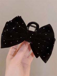 1pc Women Elegant Sweet Black Velvet Fabric Bling Rhinestone Bow Big Hair Claw Clip, Suitable For Daily Outfit & Hairstyle Hair Clips Hair Jaw Clip Hair Clamps Hair Clutch Hair Catcher Clip, Bow Accessories, School Stuff, College