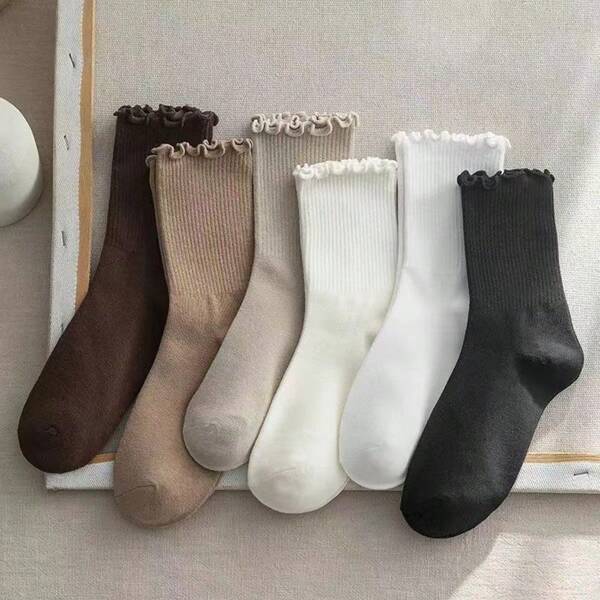 1/6 Pairs (Random Mix) Ladies Ruffled Trim Socks, Fashionable Korean Style Cute Casual Mid-Calf Socks Suitable For Autumn/Winter Outfits