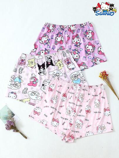 Sanrio Set de 3 shorts de pijama de mujer con diseño lindo de Hello Kitty, de poliéster suave y cómodo, opacos, aptos para uso en el hogar y ocio en verano