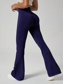 女士弹力喇叭裤弹力罗纹腰提臀舞蹈裤心形提臀瘦身长裤 - 藏蓝色 - 查看 2