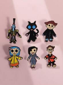 6pcs Plush Toy With Button Eyes, Enamel Brooch, Customized Lapel Pin, Gothic Character Cartoon Jewelry, Children Friend Gift